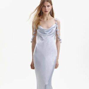 Self Portrait Blue Satin Flower Maxi Dress - Size 4/Small